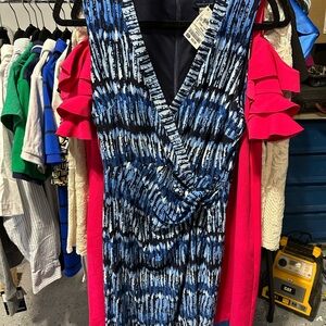 Blue and Black Patterned V-Neck Dress